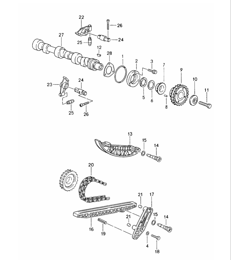 Porsche factory catalogue illustration, group 103-10, showing the camshafts assembly
