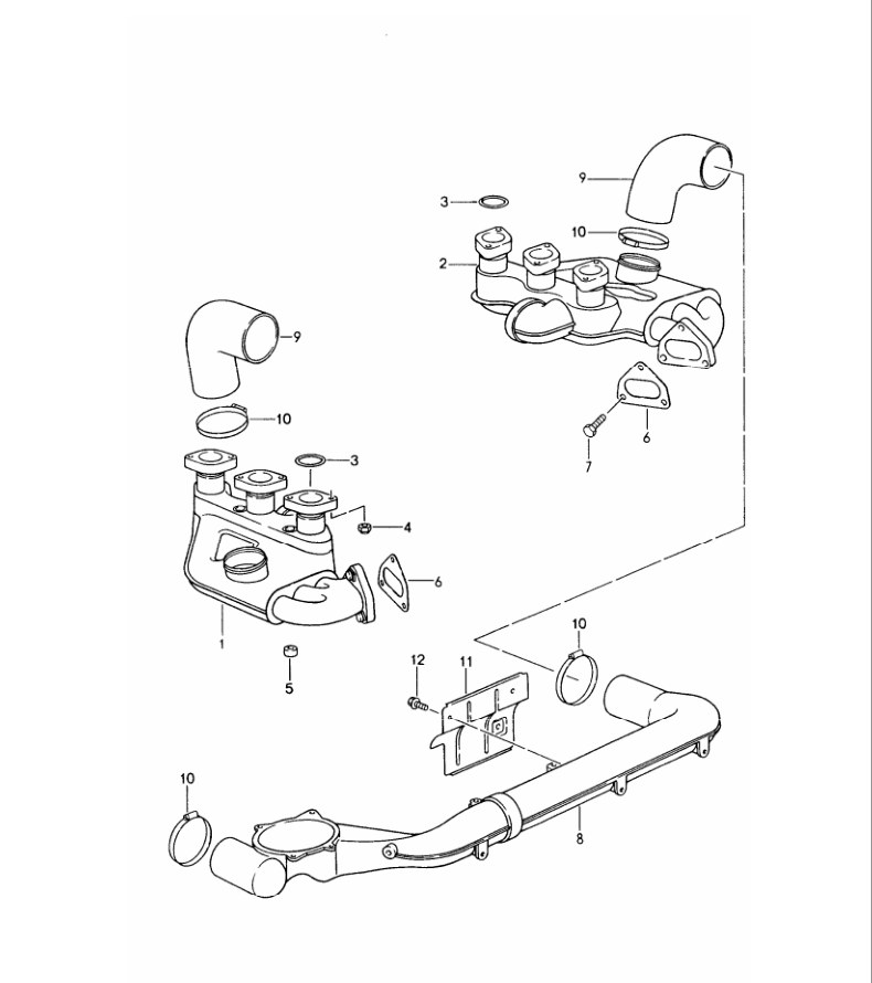 Porsche factory catalogue illustration, group 202-05, showing the exhaust fasteners assembly