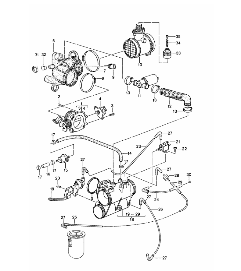 Porsche factory catalogue illustration, group 107-00, showing the fuel delivery assembly