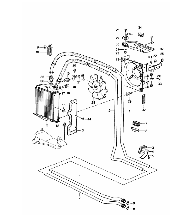 Porsche factory catalogue illustration, group 104-05, showing the oil cooling assembly