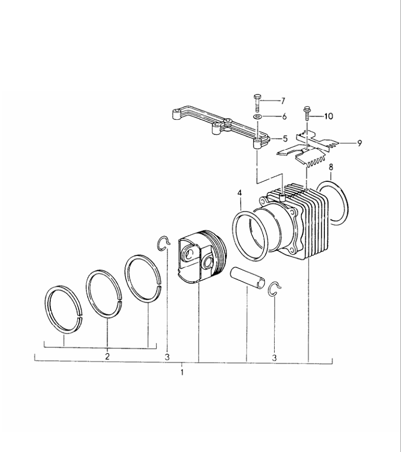 Porsche factory catalogue illustration, group 102-05, showing the pistons and cylinders assembly
