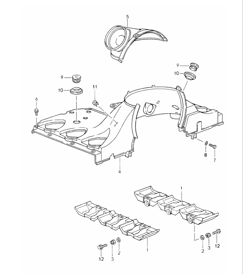 Porsche factory catalogue illustration, group 105-05, showing the engine tinware assembly