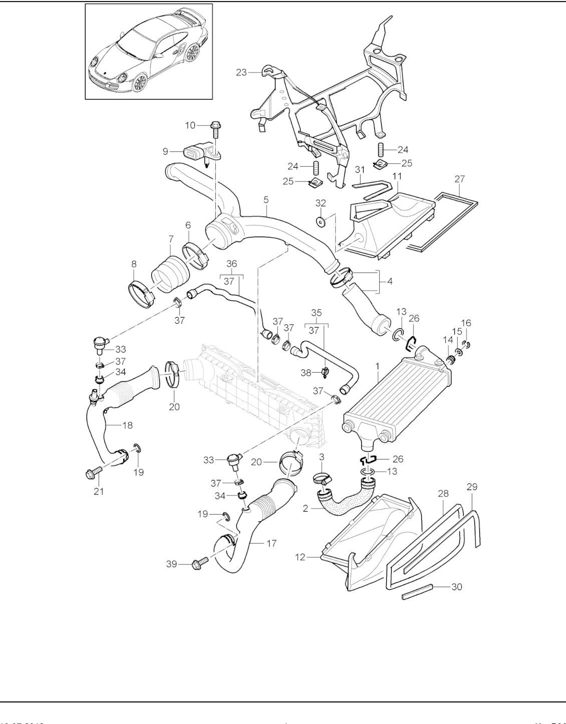 Porsche factory catalogue illustration, group 107-020, showing the boost plumbing and diverter valves assembly