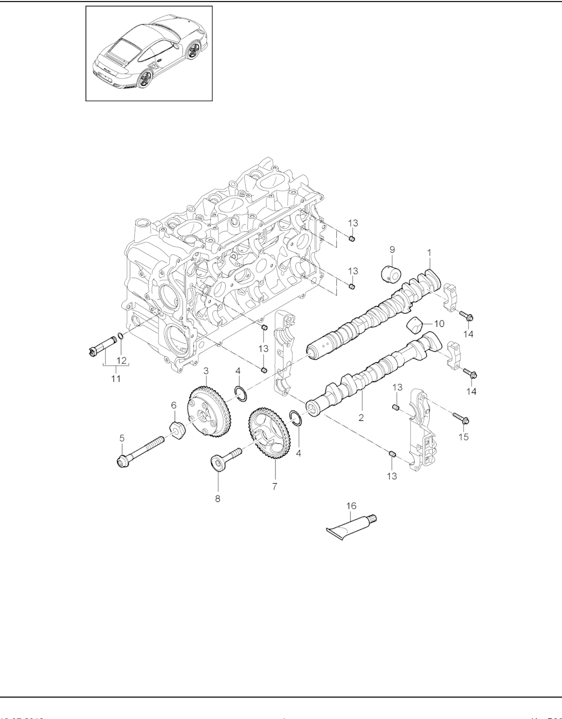 Porsche factory catalogue illustration, group 103-010, showing the camshafts and valve control assembly
