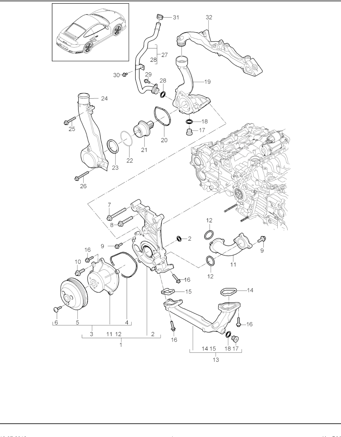 Porsche factory catalogue illustration, group 105-000, showing the coolant pump assembly