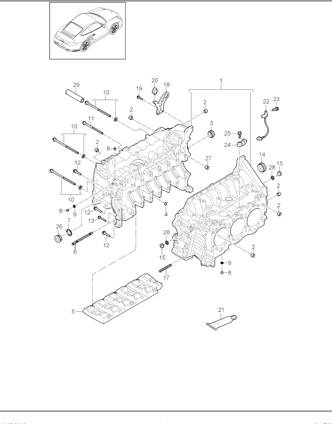 Porsche factory catalogue illustration, group 101-005, showing the crankcase assembly
