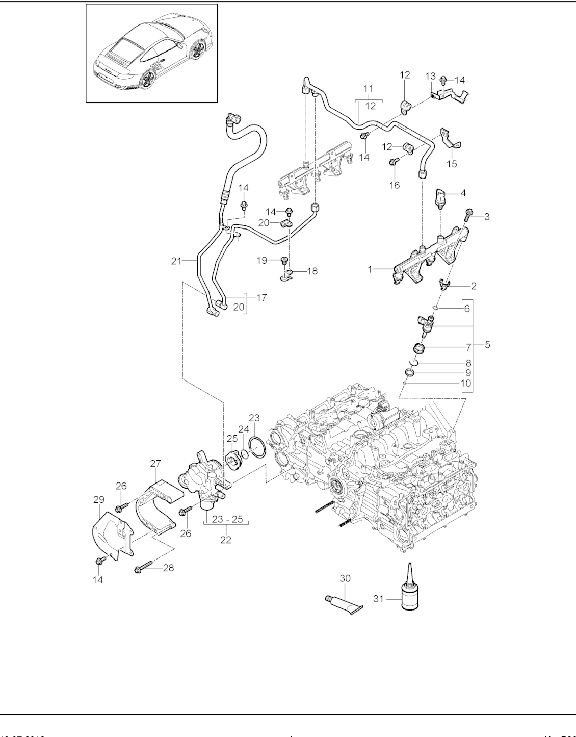 Porsche factory catalogue illustration, group 107-005, showing the injection assembly