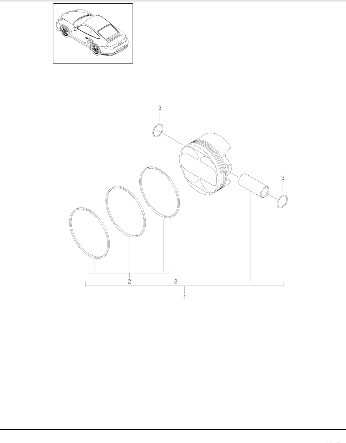 Porsche factory catalogue illustration, group 102-005, showing the pistons assembly