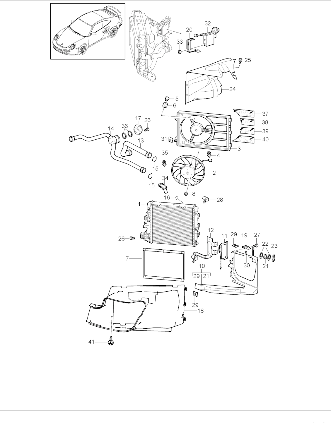 Porsche factory catalogue illustration, group 105-015, showing the radiators assembly