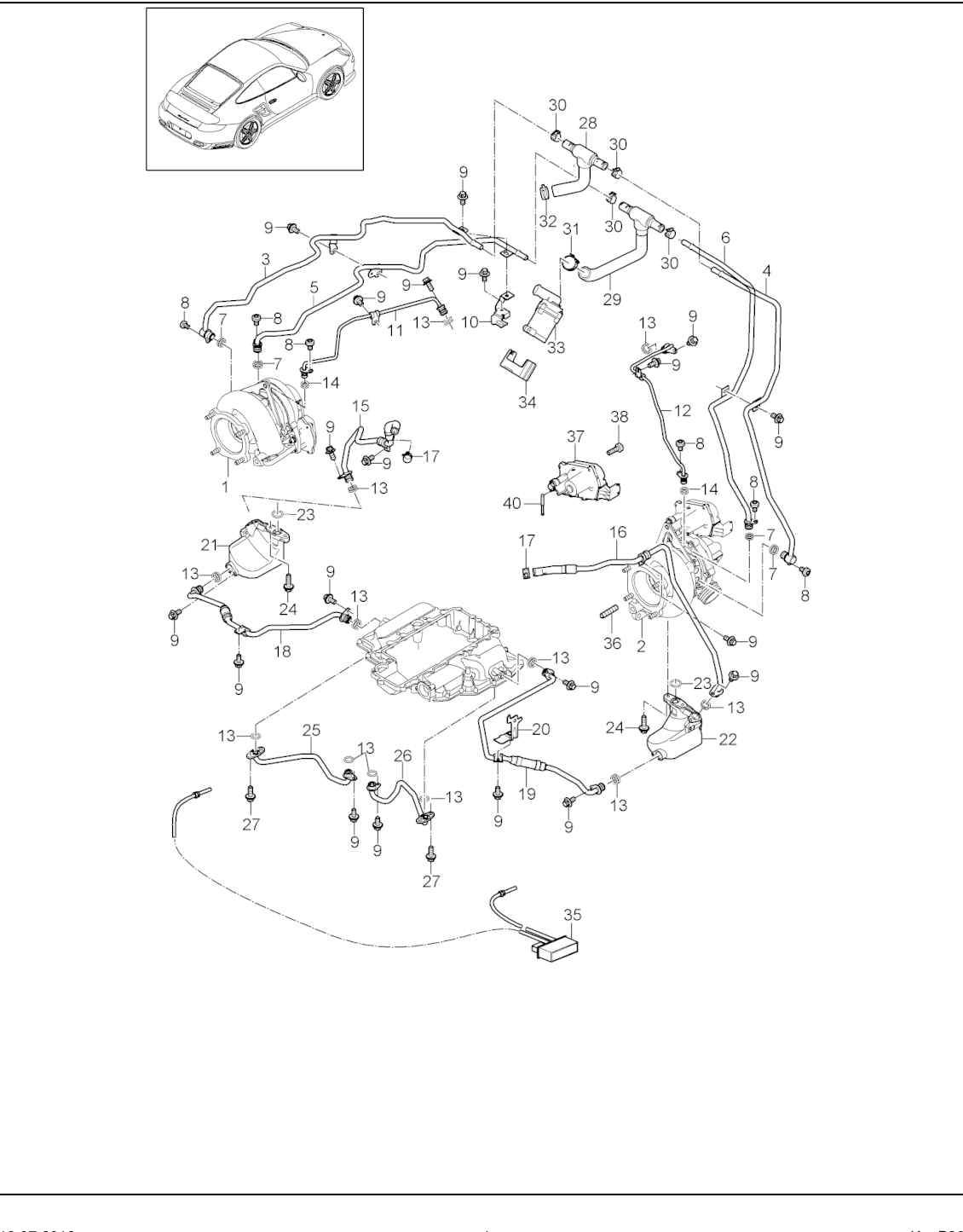 Porsche factory catalogue illustration, group 202-005, showing the turbochargers assembly