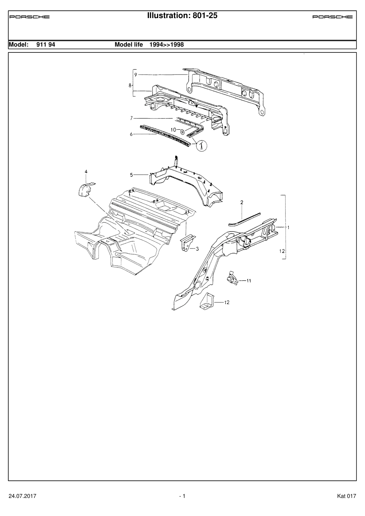 Porsche parts catalogue illustration 801-25, showing Rear axle cross member at position 5
